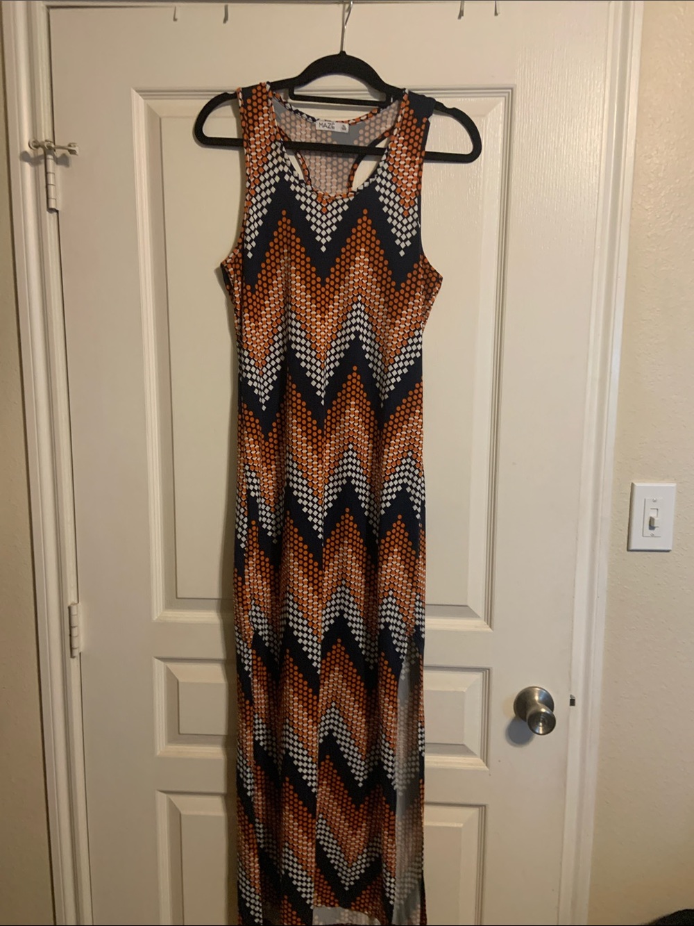 Sleeveless Chevron Maxi Dress in Orange, Navy & White